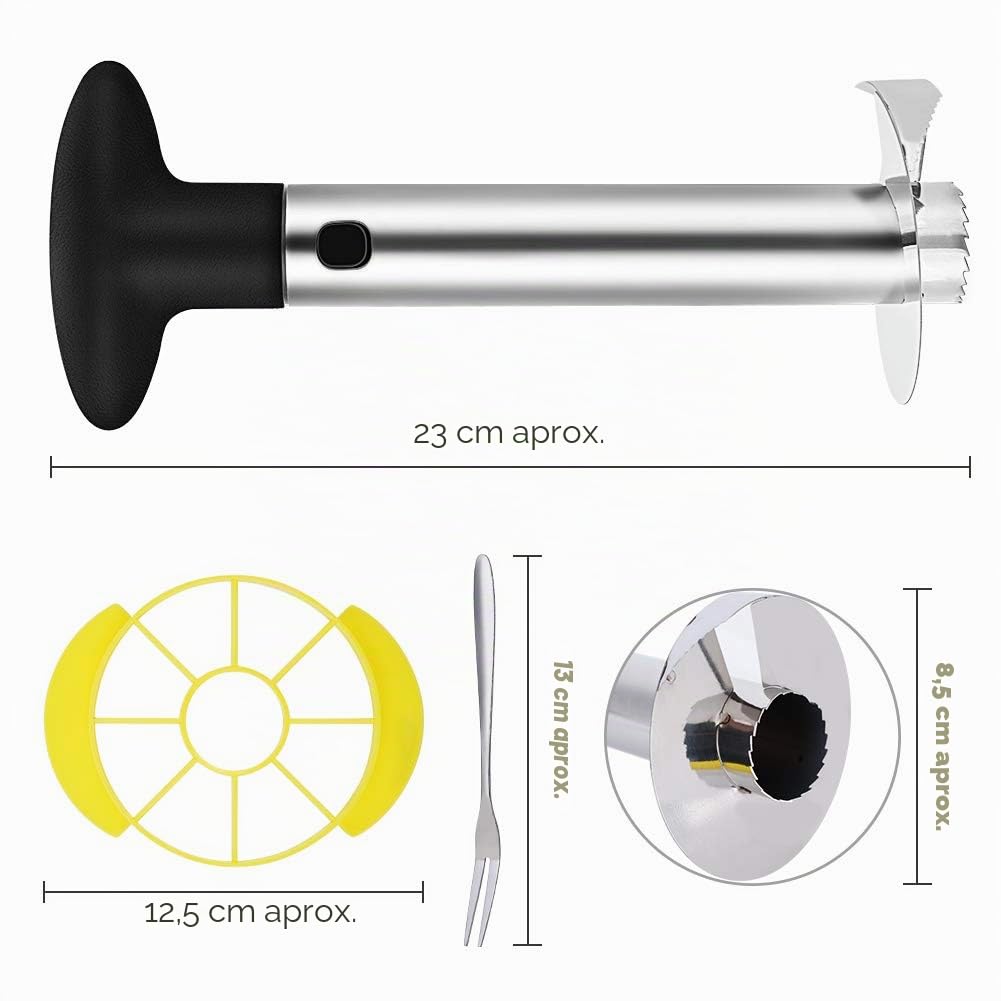 Pelador de Piña: [3-en-1] Inoxidable Acero Cortador de Piña para Pelar y Rebanar y Quitar el Corazón de Piña - con 1 pcs Cuña de Piña & 8 pcs Frutas Tenedores - Include Garantía Un Año (negro)