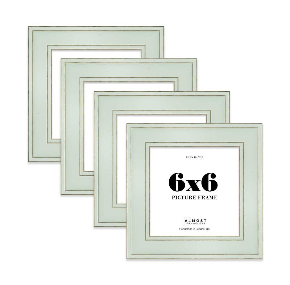 6x6 Sage Green Picture Frame - Shabby Chic Photo Frame with Distressed Finish, Gold Trim, Wall Hooks and Kickstand, 37mm Edge - 4 Pack