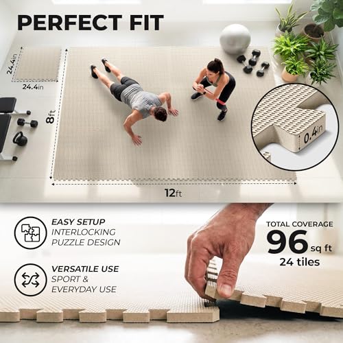 Image of bemaxx Gym Mats Set - 24 pcs EVA Interlocking Foam Floor Tiles (24.4 inchx24.4 inchx0.4 inch) 96 sqft Protective Gym Flooring Sports Home Workout Exercise Mats Puzzle Garage Fitness Play-Room Pool Treadmill Bike