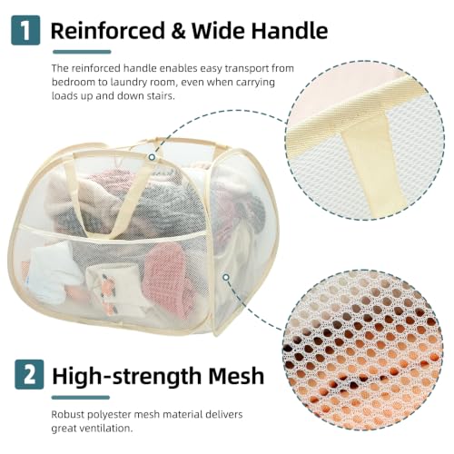 Image of Collapsible Laundry Baskets, 90L Large Foldable Laundry Basket, Durable Mesh Pop Up Hampers for Laundry, Dirty Clothes Laundry Hamper for Bedroom, Bathroom, Dorm, Laundry Room, Travel, Camping Beige