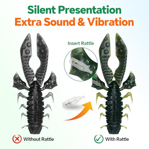 Image of Battle Craw Soft Plastic Crawfish Lures Kit with Removable Rattles | Salt Infused Creature Bait for Bass Fishing, Texas Rig & Jig Trailer Lure in Tackle Box, Realistic 1:1 Claw-to-body 4.1 /5.5in