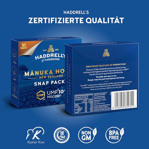 Image of Haddrell's of Cambridge Manuka Honey Snap Packs UMF 10+ MGO 261+ • New Zealand Monofloral Manuka Honey • Portable Single Serve Sachets for Immunity, Energy & Wellness • 10 x 8g, 2.82 oz ℮ 80 g