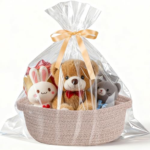 Image of Basket for Gifts Empty, Small Woven Basket with Bags and Ribbons, Baby Toy Baskets with Handles, Wicker Storage Bin for Baby Showers or Pet Toy (Brown, 1 Pack (12 inchx 8 inchx 3.74 inch))