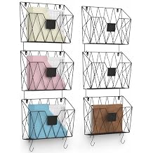 CADUKE 6 Pack Wall File Organizer, Metal Hanging Folder Holder Mail Magazine Organizer Wall Mounted with Hooks & Label Panels for Office Home, Black