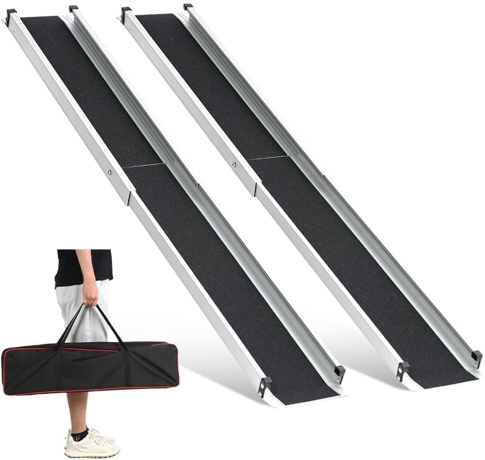 gardhom 1Pair 4FT Adjustable Wheelchair Ramp 48" L x 7.4" W Telescopic Ramps for Wheelchairs 600lbs Portable Wheelchair Ramps for Steps Home Threshold Doorways Steps Stairs with Carrying Bag 4FT(can be used as 2FT or 4FT)