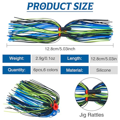 Silicone Jig Skirts Replacement Fishing Skirts with Tube Rattles for Spinnerbaits Bass Fishing Jigs DIY Lures Buzzbaits Fishing Bait Accessories Quick Change Squid Jig Skirts (12PCS)
