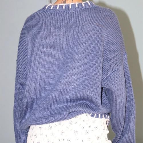 Image of Women Y2K Fall Sweater Cute Bow Print Long Sleeve Cable Knit Pullover Casual Oversized Jumpers for Women