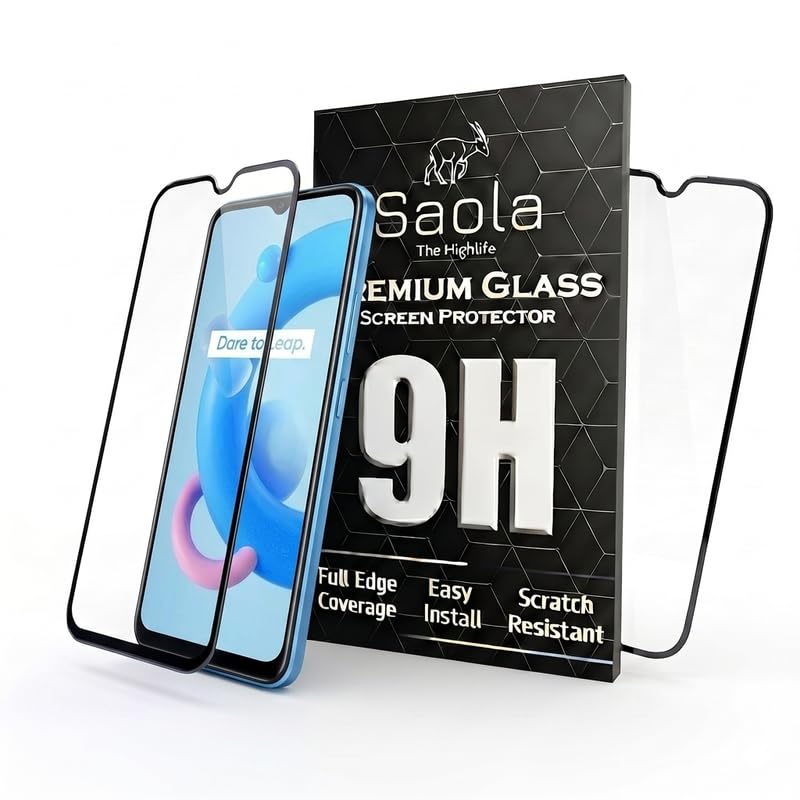 Image of Saola HD+ Oleophobic Tempered Glass Screen Protector For Realme C20 (Pack Of 2) with Free Installation Kit. Full screen Coverage - 6.5 inch