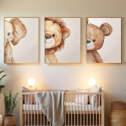BeiYiHo 3 Affiche Chambre Bébé Beige Tableau Animaux Bebe Ours Lion Elephant Poster Enfant 30 40 Deco Ourson Chambre Bebe Poster Chambre Enfant Garcon Cadeau...