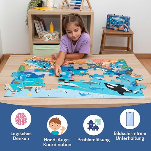 BONNYCO XXL Puzzle Kinder Meerestiere mit 48 Große Teile. Bodenpuzzle XXL 92 x 62 cm als Geschenke für Kinder. Puzzel Lernspielzeug für Jungs und Mädchen 2-8 Jahre