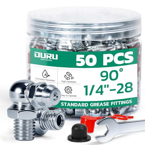 Image of OURU 50PCS 1 /4 inch-28 SAE Grease Fittings Kit, Zerk Grease Fittings 90 Degree with Grease Fitting Caps & Wrench Kit(9mm) for Grease Gun
