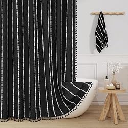 MitoVilla Black Boho Fabric Shower Curtain, Modern Farmhouse Polyester Linen Shower Curtains for Vintage Rustic Bathroom Decor, Country Tassel Thick Cloth Shower Curtain, 72 x 72