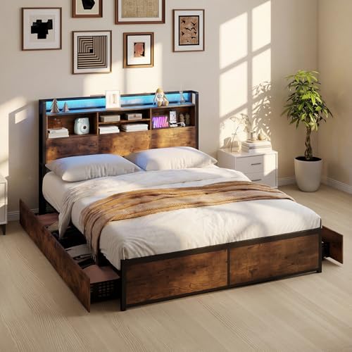 COSTWAY Letto Matrimoniale 160x200 cm, con Luci LED, 4 Cassetti e Prese