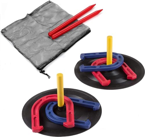 Outdoor Indoor Rubber Horseshoes Set Includes 4 Horseshoes,2 Pegs,2 Rubber Mats,2 Red Plastic dowels,Beach Games Perfect for Tailgating,Camping,Backyard,Fun for Kids Adults (Blue&red)