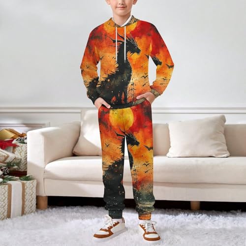 Boy's Girl's Hooded Tracksuit Pullover Sweatshirt Jogging Pants Sweatsuit, Dragon Watercolor Silhouette3