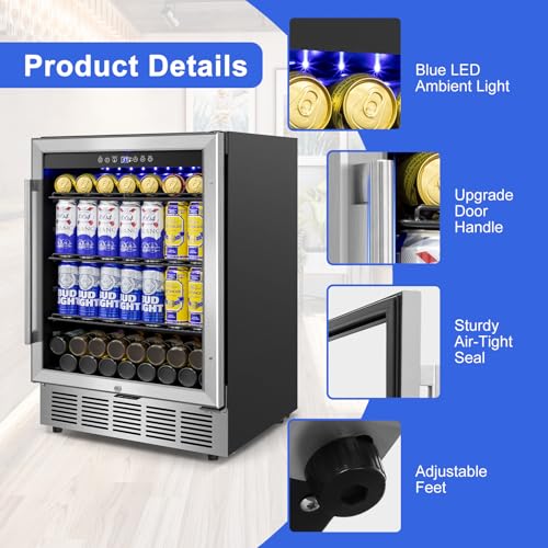 Image of Beverage Refrigerator 24 inch-200 Can Drink Fridge with Glass Door, Under Counter /Freestanding Beverage Cooler with Temperature Memory, Reversible Door, Quick Cooling, Cooler for Beer, Soda, Wine