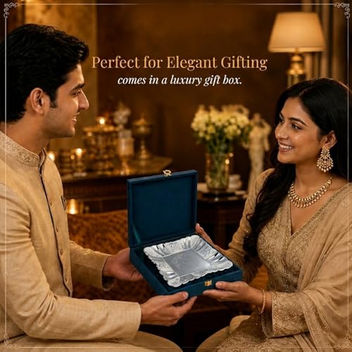 Image of Diviniti Silver German Silver Decorative Tray for Home Decor | Luxury Square Silver Plated Serving Tray for Dry Fruits, Sweets & Fruits | Floral Embossed Gift Platter with Box