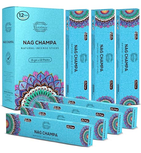 raajsee Nagchampa Natürlich Räucherstäbchen 15 g x 12 Packung, 100% Rein Organisch Handgerollt, Frei Von Chemikalien, Perfekt Für Die Kirche, Aromatherapie, Meditation, Positivität