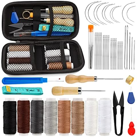 54PCS Leather Sewing Kit, Leather Tool Kit, Upholstery Repair Kit with Sewing Awl, Sewing Thread, Seam Ripper, Tape Measure, Scissors, Leather Tool Kit for Beginners Professionals Leather Craft DIY Cover