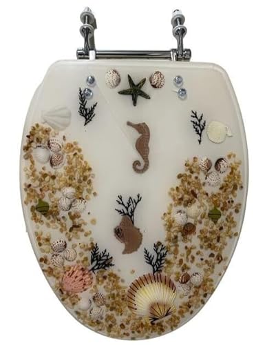 Super-Skin Elongated Ivory Seashell and Seahorse Resin Toilet SEAT, Chrome Hinges-L8