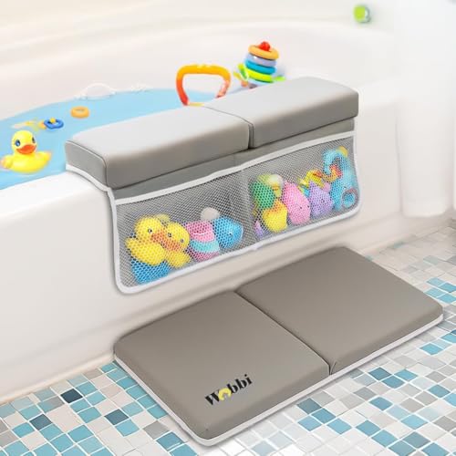 Image of Wobbi Baby Bath Kneeler and Elbow Rest Pad Set - 1.5" Thick Memory Foam Knee Pad for Bathing Babies - 6 Suction Cups Non Slip Bath Kneeling pad with Toy Storage - Foldable & Quick Drying-Grey