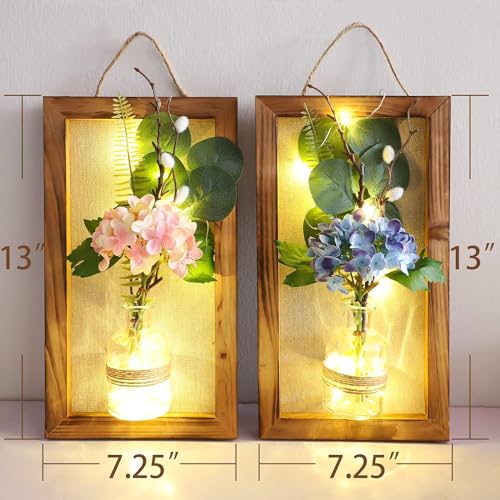 Image of Handmade Glass Wall Sconces with LED String Lights - Decorative Mason Jar Wall Decor with Hydrangea Bouquet - Perfect Housewarming Gift