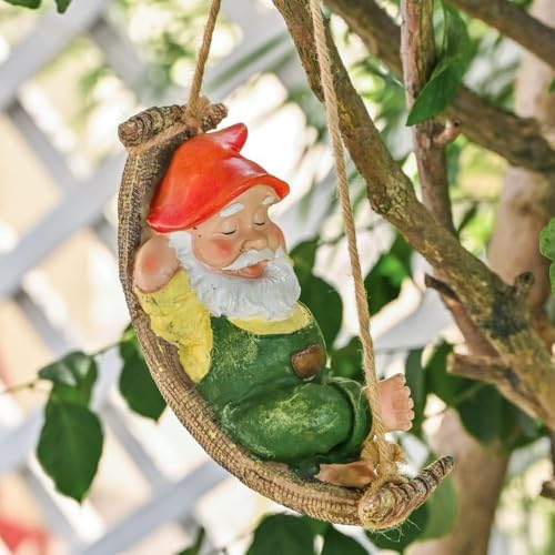 TERESA'S COLLECTIONS Gartenzwerge Gartendeko für Draußen Liegender Zwerg Gartenfigur aus Hängematte Kunstharz Wasserdicht Gartenwichtel Figur GNOME Gartendeko Geschenke für Frauen – Bild 5
