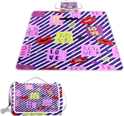 レジャーシート レジャーマット 厚手 アルミ 折り畳み 防水 コンパクト 大判 唇 ストライプ Love 花見 キャンプ 軽量 ピクニックマット 断熱 おしゃれ 人気 遠足シート 2-6人用 145*150cm