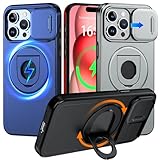 KMERUOTR 360°Rotatable Magnetic Ring for iPhone 15 Pro Case with Camera Cover, [Compatible with MagSafe] Build in Invisible Stand [Drop Protection] Shockproof Black Case for iPhone 15 Pro