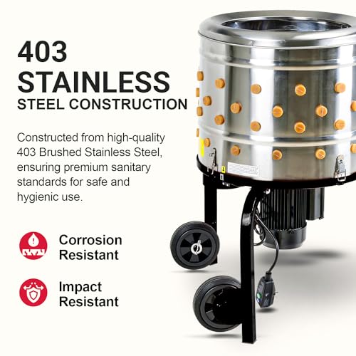 Kitchener Chicken Plucker De-Feather Remover Poultry and Fowl Food Processor Electric Stainless Steel Heavy Duty 1HP 120VAC 280RPM GFCI Connector 92 Soft Fingers 20" Drum Diameter