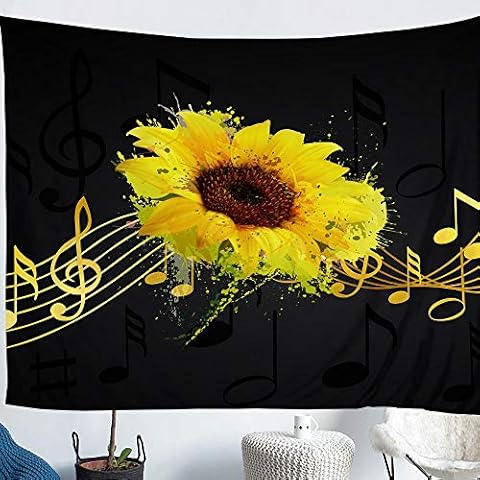 Homewish Tapices florales de girasol para colgar en la pared, diseño de flores amarillas y notas musicales, manta grande de Cover