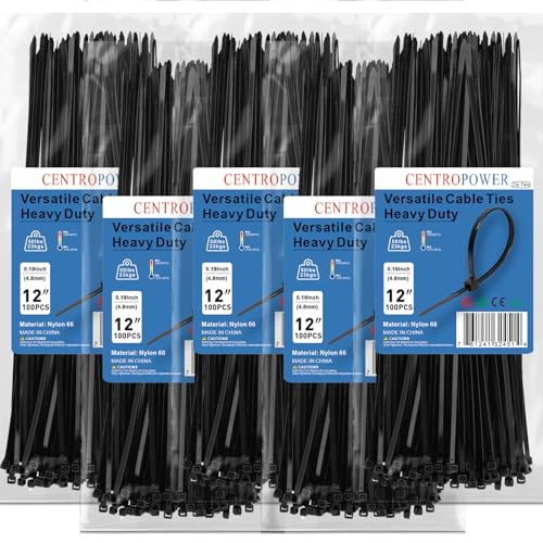 500 Pack Heavy Duty 12 inch Zip Ties Black | 50lb Tensile Strength Self-Locking Cable Ties for Indoor and Outdoor Cable Management, Garden, Office, Home Use | Premium Plastic Wire Ties by CENTROPOWER