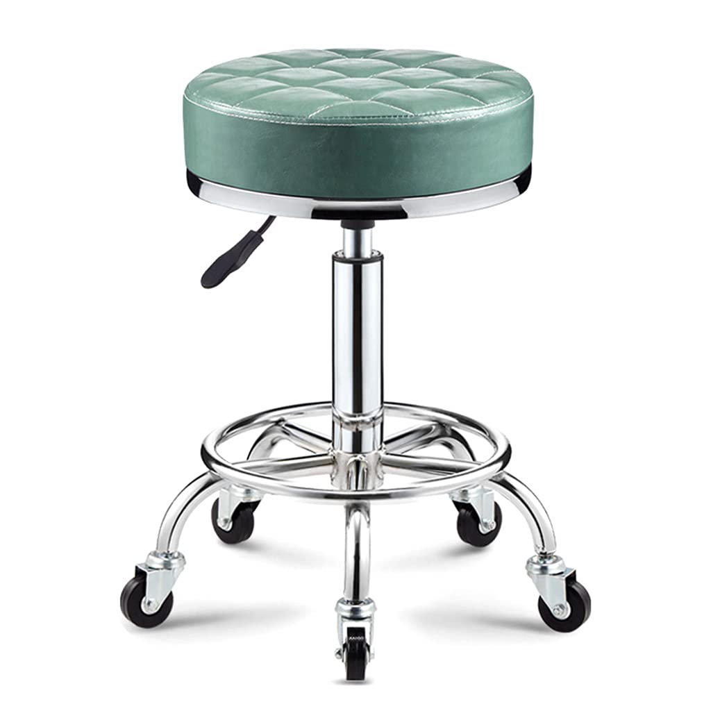 GTHTUHFD Round Rolling Stool Adjustable Height Swivel, Pu Leather Drafting Shop Stools Chair With Wheels And Wider Comfy Round Seat For Salon Spa Esthetician Studio Gold,Green