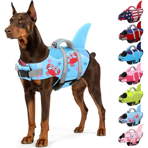 AOFITEE ドッグライフジャケット、スイミング用犬用ライフベスト、サメの犬用水泳ベスト、レスキューハンドルと反射ストライプ付き、リップストップペットフロートコート水着ライフセーバースモールミディアムラージドッグブルカニXS（Amazon）