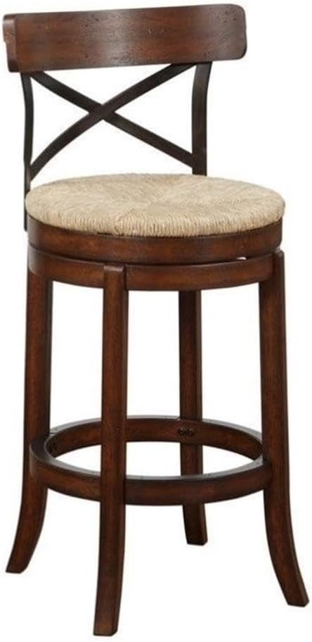 BOWERY HILL 29" Swivel Farmhouse Bar Stool, Solid Rubberwood Frame, Mahogany Finish, X-Back with Gold Specks, Rush Woven Sedge Grass Seat, Protective Kick Plate, Boho Style for Kitchen or Home Bar