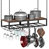 HOOBRO Hanging Pot Rack, Space-Saving Pot Hanger for Kitchen, Ceiling Pan Hanging Rack with 10 S-Shaped Hooks and 3 Dual-Prong Hooks, for Pot, Pan Storage,Space-Saving, Rustic Brown and Black BF78TL01