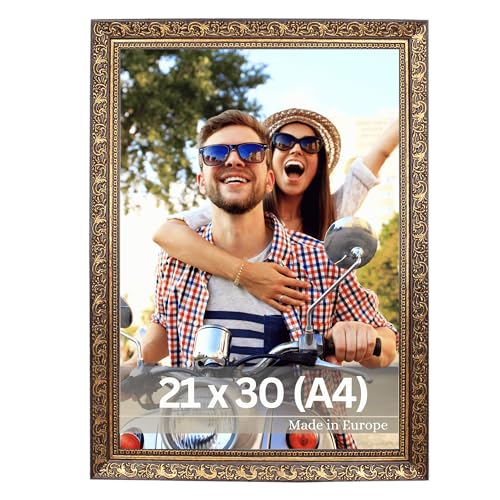 VictoR Cadre photo Vinci 21x30 cm A4 marron doré Style vintage baroque Baguette 22x20 mm Verre acrylique incassable Dos MDF Format portrait et paysage Fabriqué en