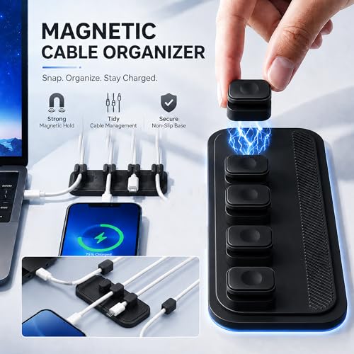 [DHB] Magnetic Cable Management Station [1 Base + 7 Clips], Self Adhesive Cord Organizer System, Wire Holder for Desktop USB Charging Cable, PC Mouse Wire, Nightstand, Office & Home