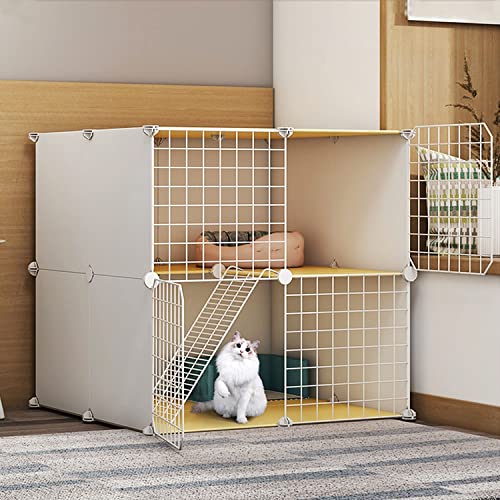 猫ケージ 屋内 大型、猫囲い、猫キャビネット 半密閉式猫ケージ DIY 猫プレイペン、ペットフェンス 屋内、猫の巣 + 猫ハンモック + 猫トイレ + 猫ボウル付き、(White 75x75x73cm)