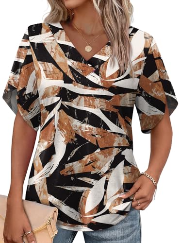 Image of WIHOLL Womens Summer Tops Short Petal Sleeve Shirts Fashion V Neck Womens Clothing