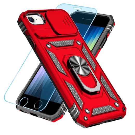 SunStory Compatible with iPhone SE 2022/2020/3rd/2rd / 6/7/8 Case with HD Screen Protector & Slide Camera Cover & Kickstand, [Military-Grade] Phone Case for iPhone SE 2020/2022/6/7/8 (Red)