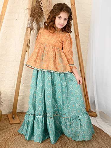 Image of LILPICKS Girls Bandhani Printed Peplum Choli with Lehenga Set (Yellow Blue)