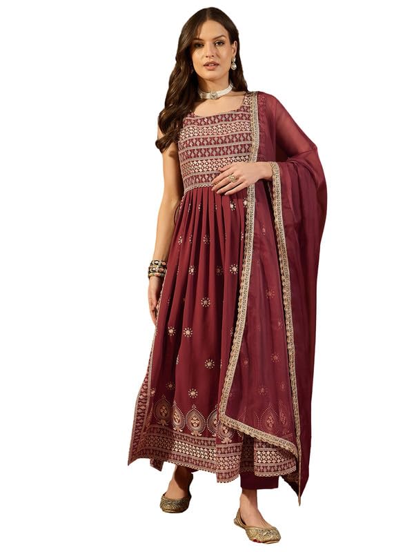 Image of Vaamsi Women's Poly Georgette Solid Embroidered Straight Kurta Pant With Dupatta With Inner