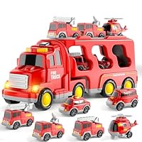 BLmukce Fire Truck Toys 7 in 1 for Toddlers 3-12 Years Old Boys Girls, Friction Power Car Carrier Transport Vehicle with Light & Sound, Kids Birthday
