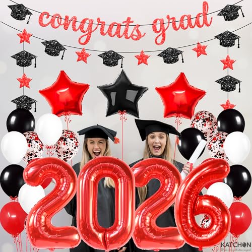 Image of KatchOn, Red and Black Graduation Decorations 2026 - Pack Of 37 | Giant 40 Inch, 2026 Black balloons, Congrats Grad Banner for Graduation Decorations Class of 2026 | 2026 Graduation Party Decorations