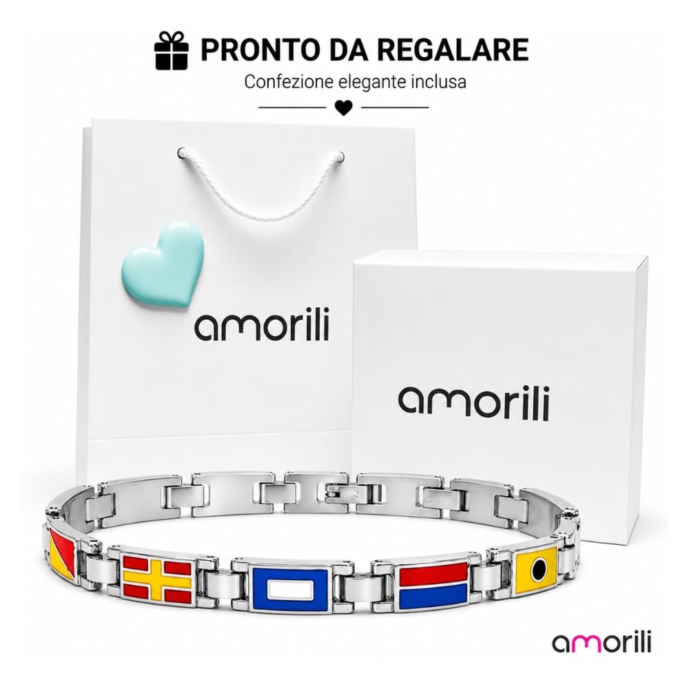 Bracciale Uomo con Bandiere Nautiche in Acciaio Inox e Smalto – Stile Mare Estate Vela Nautico – Idea Regalo Uomo