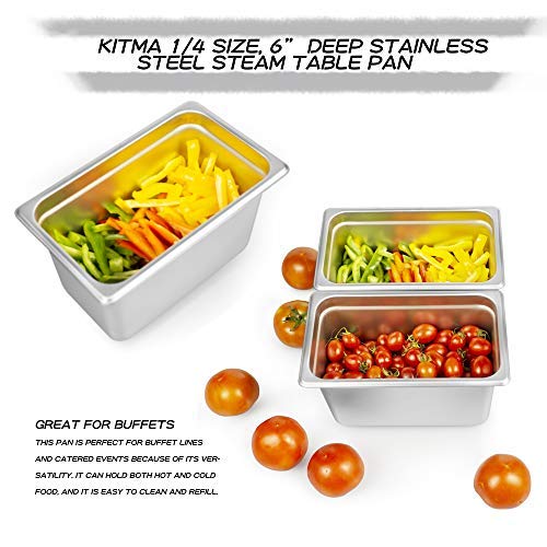 6" Deep Steam Table Pan 1/4 Size ,4.5 Quart Stainless Steel Anti-Jam Standard Weight Hotel GN Food Pans - NSF (10.43"L x 6.37"W)