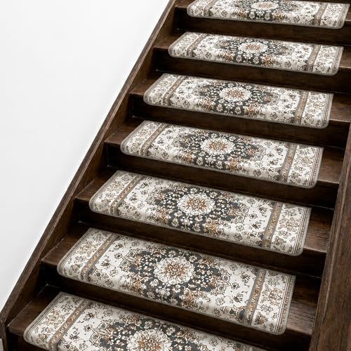 Arisework Bullnose Stair Treads 14 Pack 30 x 9.5 Inch Non-Slip Carpet Mats for Wooden Steps Protective Indoor Stairway Covers with 1.5 Edge Protection for Kids Seniors and Pets