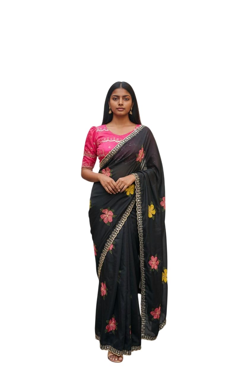 tushana Women's Floral Embroidered Work Soft Vichitra Silk Saree Mirror Border With Blouse Piece-picture-12