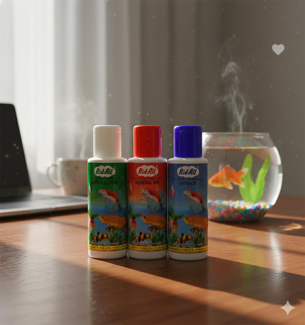- Aquarium Fish Medicine | Rid All 3 in 1 Pack of 120ML Each (Anti Chlorine, Anti Ich, General Aid) by KASHANA Creation.